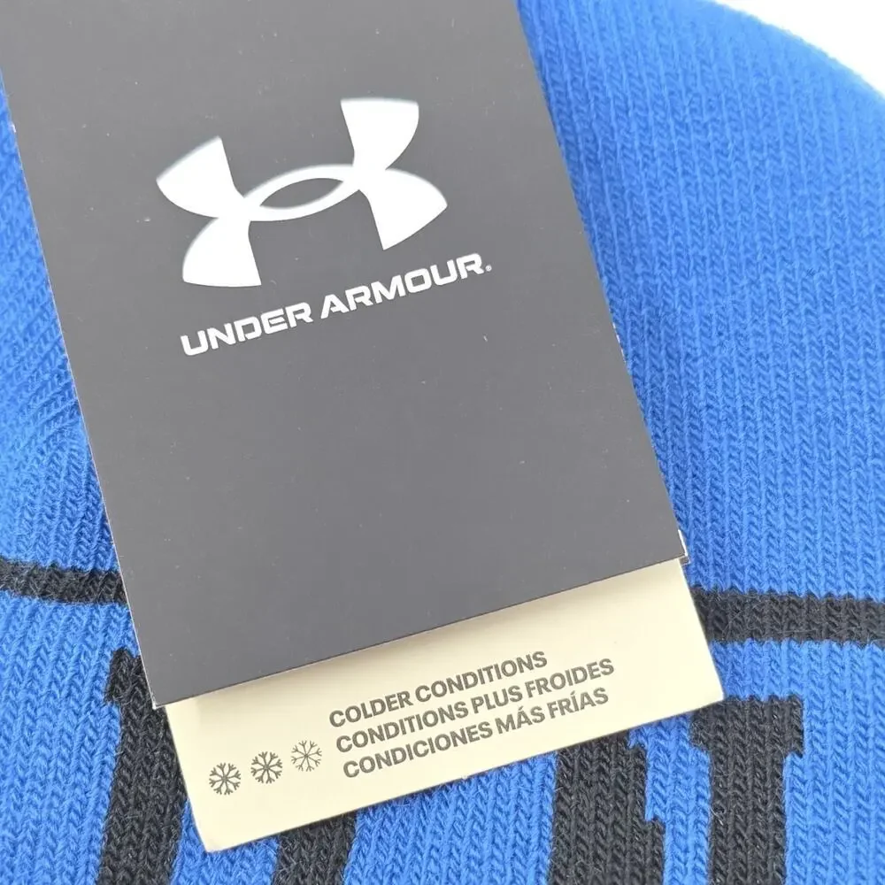 Under Armour Pom Beanie Hat Blue Black NWT ColdGear Winter Knit Cuffed